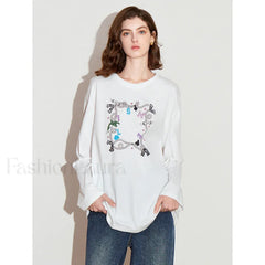 Printed Round Neck Cotton Long T-Shirt