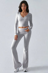 Casual V Neck Flared Stretch Two Piece Pants Set