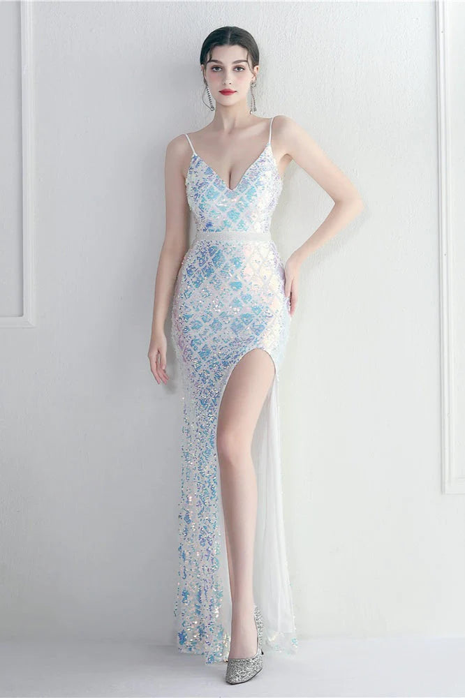 Iridescent Sequin Slit Bodycon Maxi Dress