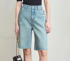 Minimalist Summer Denim Frayed Edge High Waist Loose Short