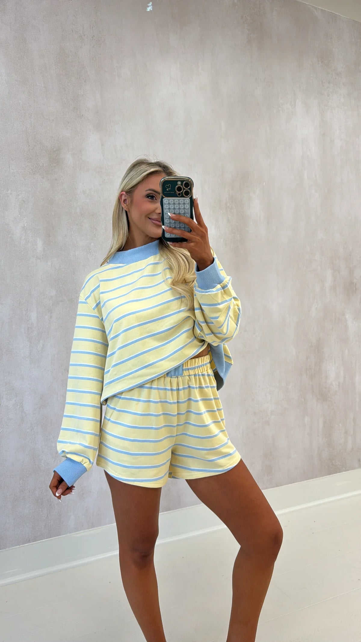 Mockneck Stripe Lounge Set-Yellow/Baby Blue