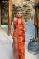 Slim Fit Printed Split-End Holiday Floral Dress