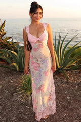 Lace Splicing Printed Irregular Split Hollow Strappy Beach Maxi Dress