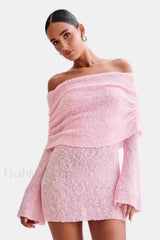 Sheer Long Sleeve Off-Shoulder Knit Work Dress
