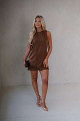 Scalloped Lace Hem Sleeveless Mini Shift Dress-Brown