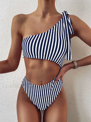Striped One Shoulder High Cut One Piece