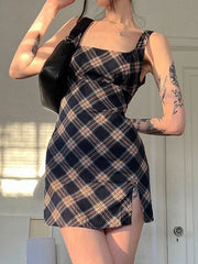 Split Sleeveless Checkered Mini Dress