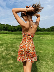 Romantic Floral Print Halter Short Holiday Floral Dress
