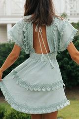Lace Patchwork Tie Back Flowy Batwing Boho Dress