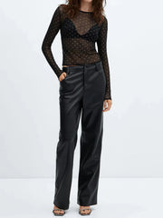 Semi-sheer Sequined Polka Dot Modern Long Sleeve Mesh Shirt