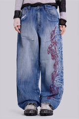 Vintage Embroidered Washed Slouchy Street Casual Jeans