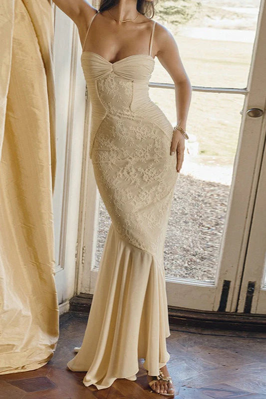 Lace Ruffle Slip Maxi Formal Dress