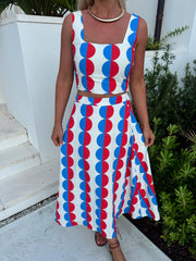 Retro Print Midi Skirt Set-Red