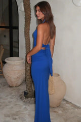 Solid V Neck Halter Backless Formal Dress