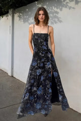 Retro Floral Strappy Backless High Split Pleated Maxi Dress