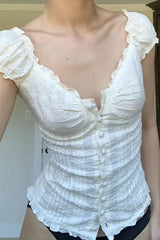 Lace Trim V Neck Button Front Slim Blouse