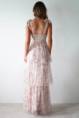 Pink Backless Strap Tiered Floral Dress